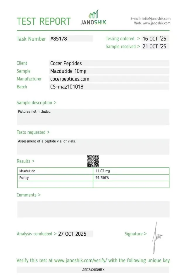 Certificado de Mazdutide, lote CS-maz101018