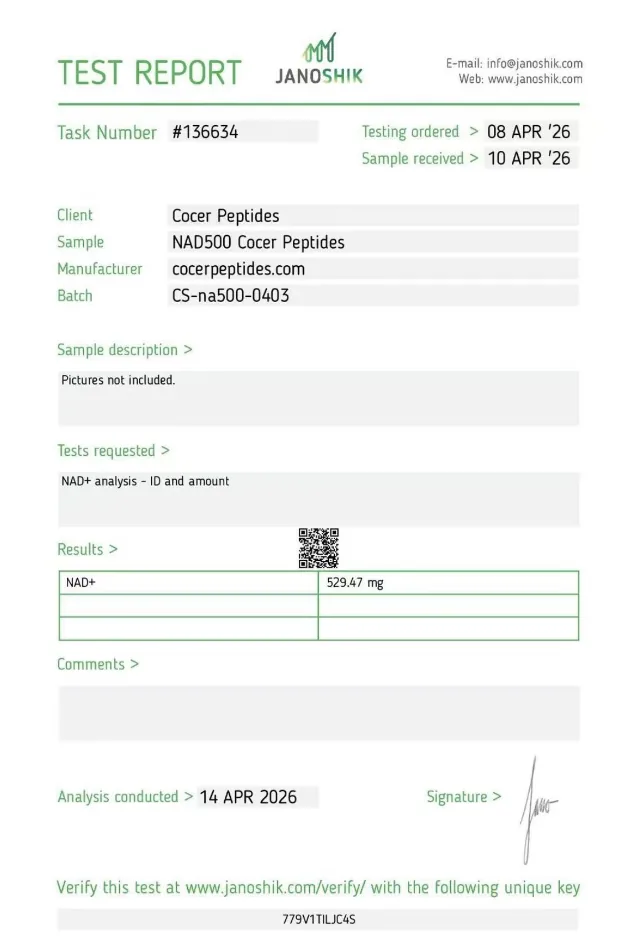 Certificado de NAD+, lote CS-na500-0403