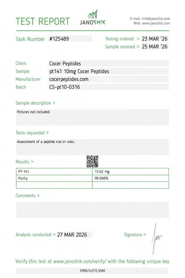 Certificado de PT-141, lote CS-pt10-0316