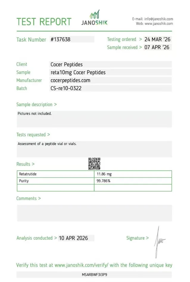 Certificado de Retatrutida, lote CS-re10-0322