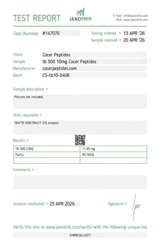 Certificado de TB-500 (TB4), lote CS-tb10-0408